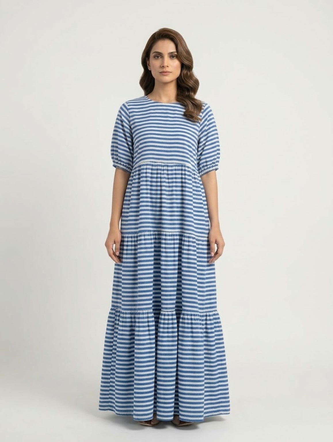 SARMĀ Winter ’26 — Bayashma blue and white striped long frock, authentic collection product