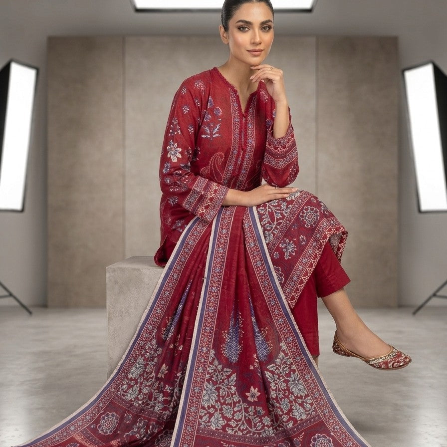 Red Printed Lawn 2-Piece Shirt-Dupatta Bayashma 