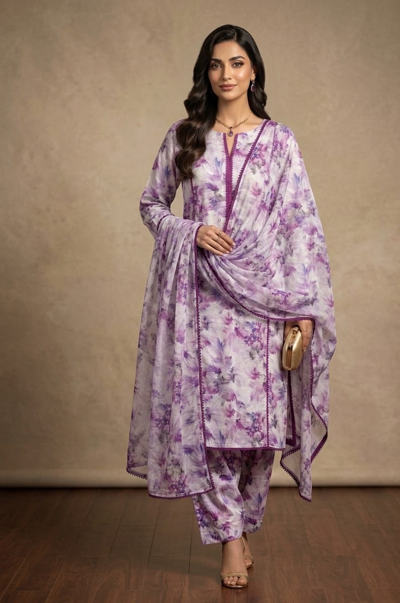 Lilac Printed Lawn 3 Piece Bayashma 