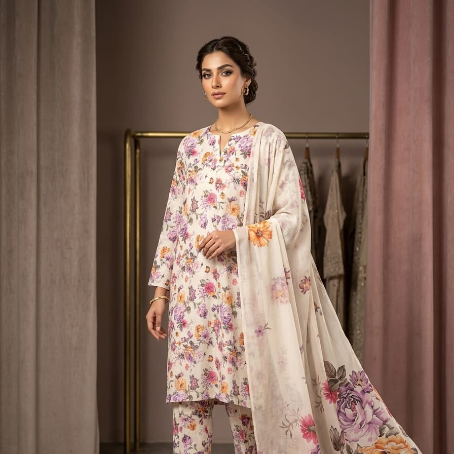 Cream Printed Lawn 3 Piece Bayashma 