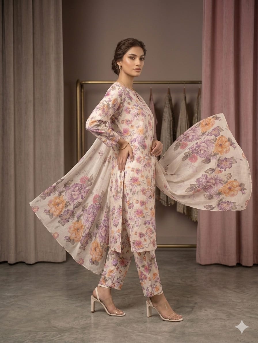 Cream Printed Lawn 3 Piece Bayashma 