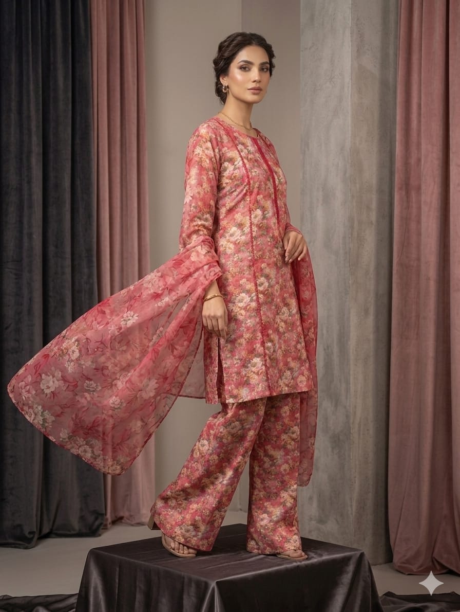 Rose Pink Printed Lawn 3 Piece Bayashma 