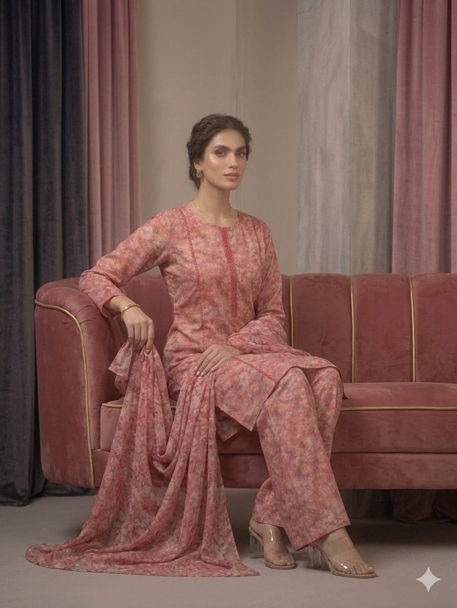Rose Pink Printed Lawn 3 Piece Bayashma 