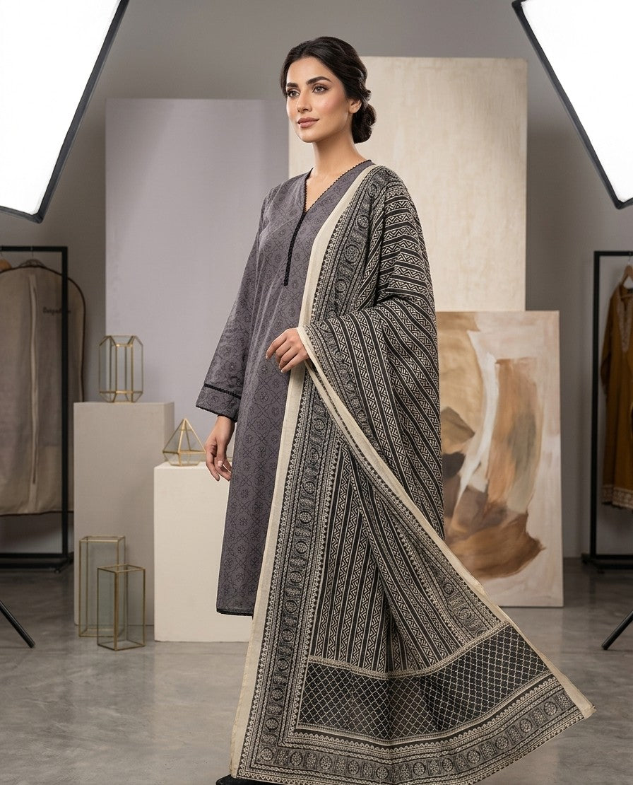 2 Piece Printed  Gray Shirt with Dupatta Bayashma 