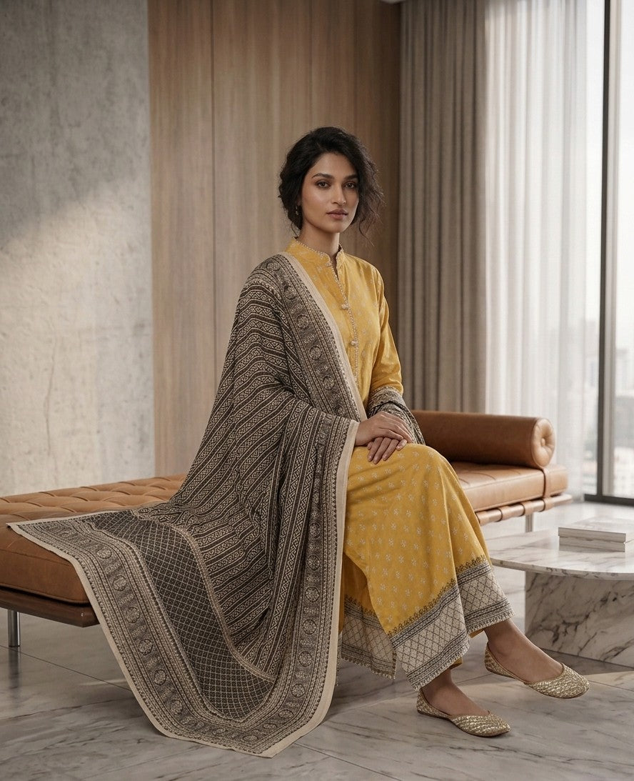 2 Piece Mustard Shirt with Printed Dupatta Bayashma 