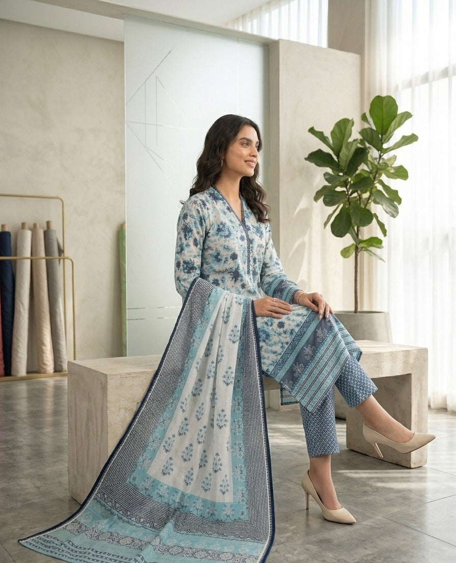 2 Piece Light Blue Shirt with Printed Dupatta Bayashma 