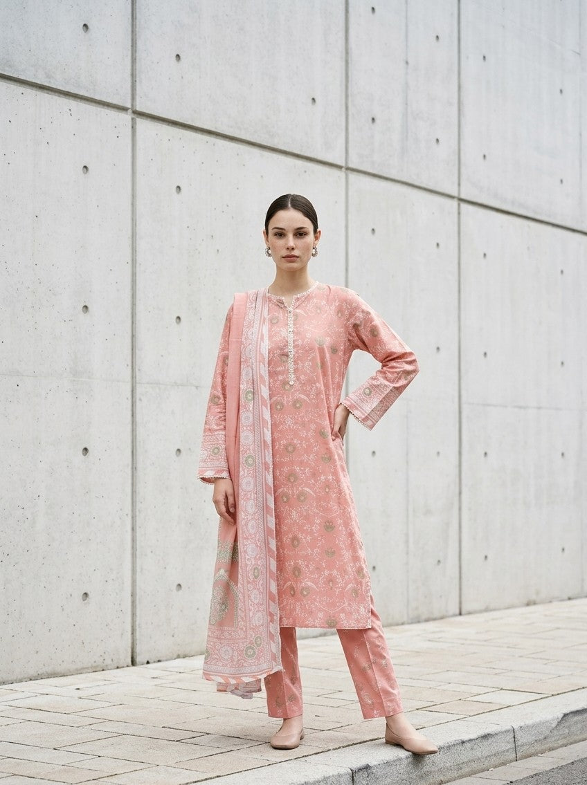 2 Piece Peach Pink Shirt with Printed Dupatta Bayashma 