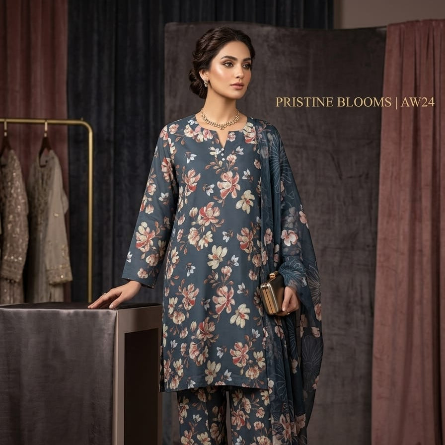 Dark Teal Printed Lawn 3 Piece Bayashma 