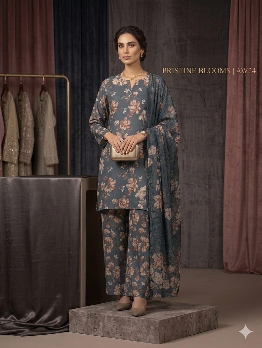 Dark Teal Printed Lawn 3 Piece Bayashma 