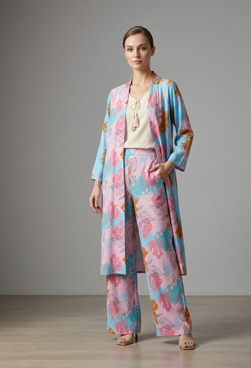 Pastel Floral Linen Open-Front Co-ord Set Bayashma 