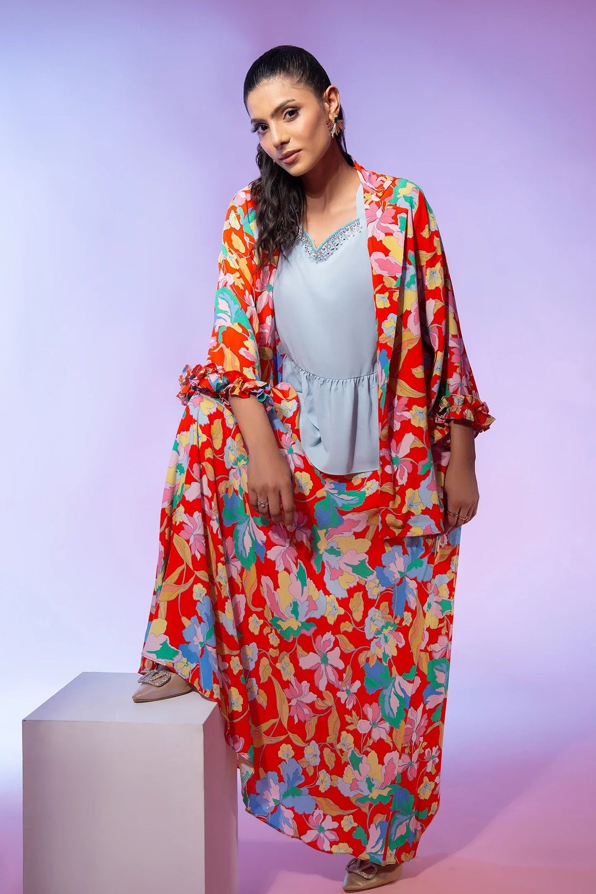 Orange Floral Printed 3 Piece Bayashma detail view