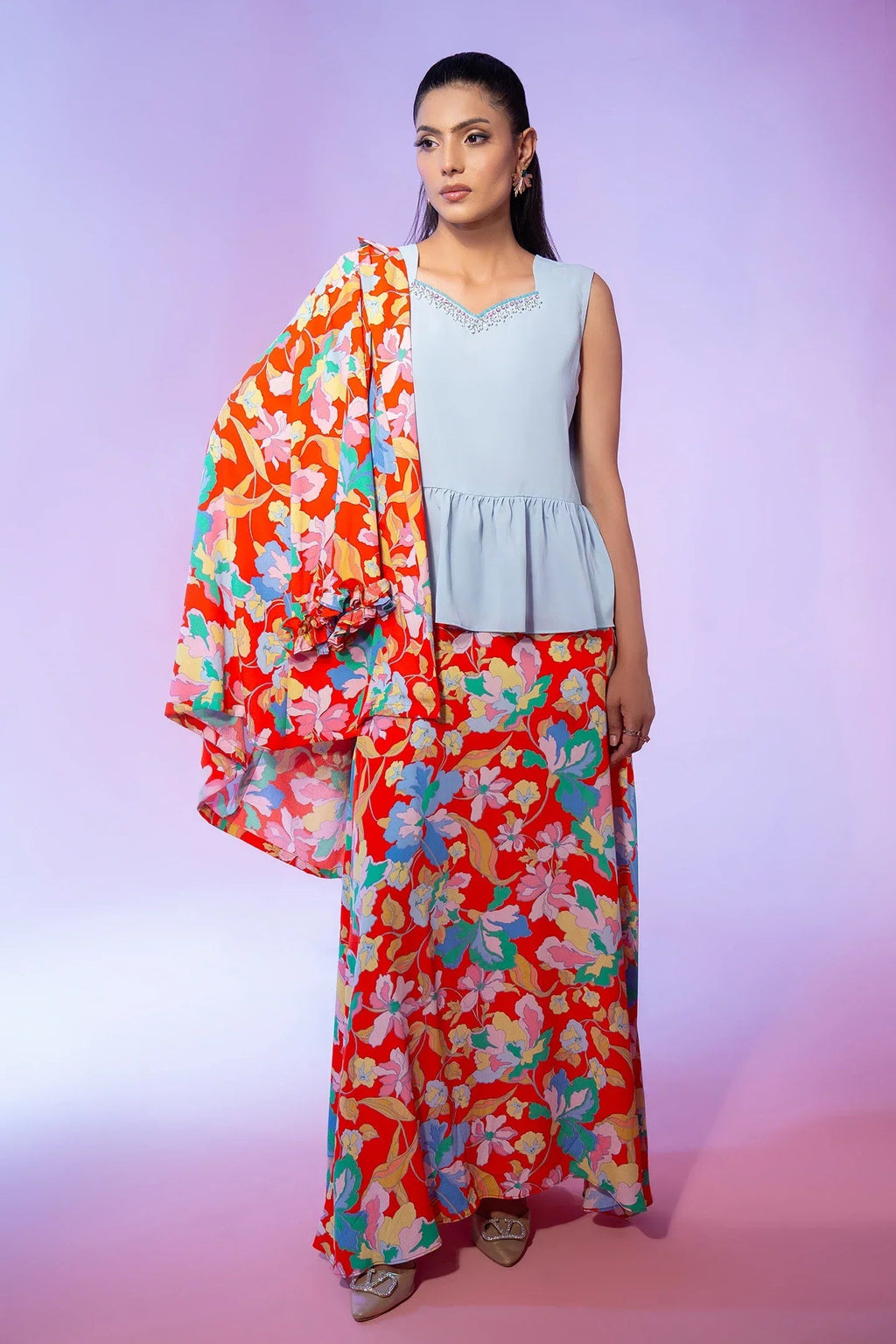 Orange Floral Printed 3 Piece Bayashma