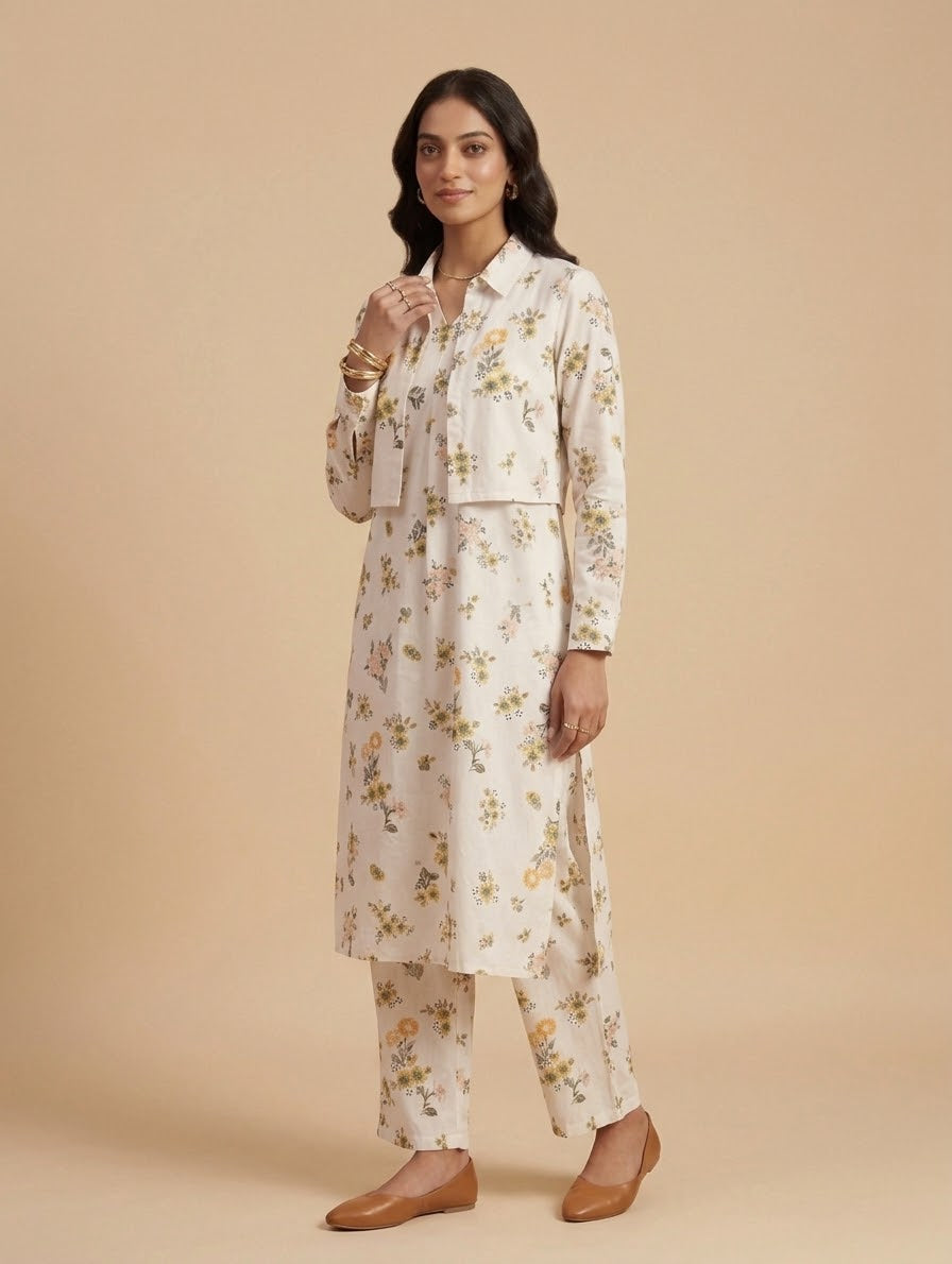 Cream Floral Linen Co-ord Set Bayashma 