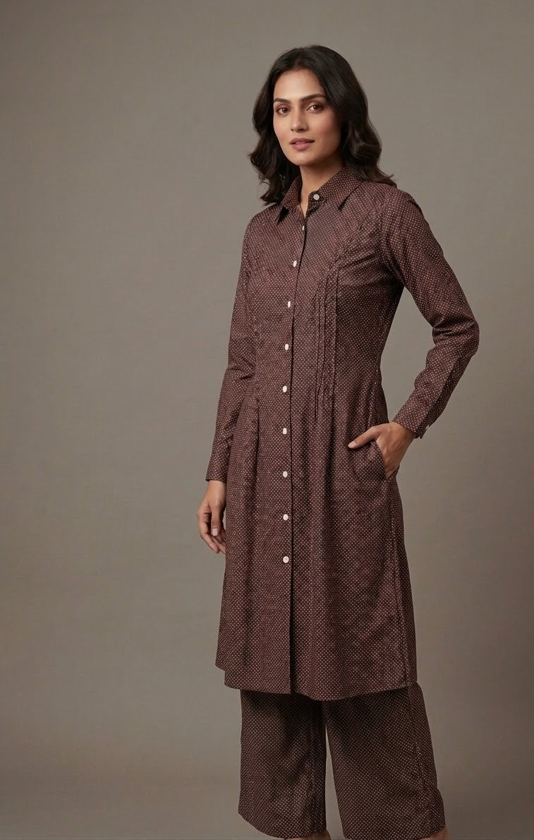 Brown Pin-Dot Cambric Co-ord Set Bayashma 