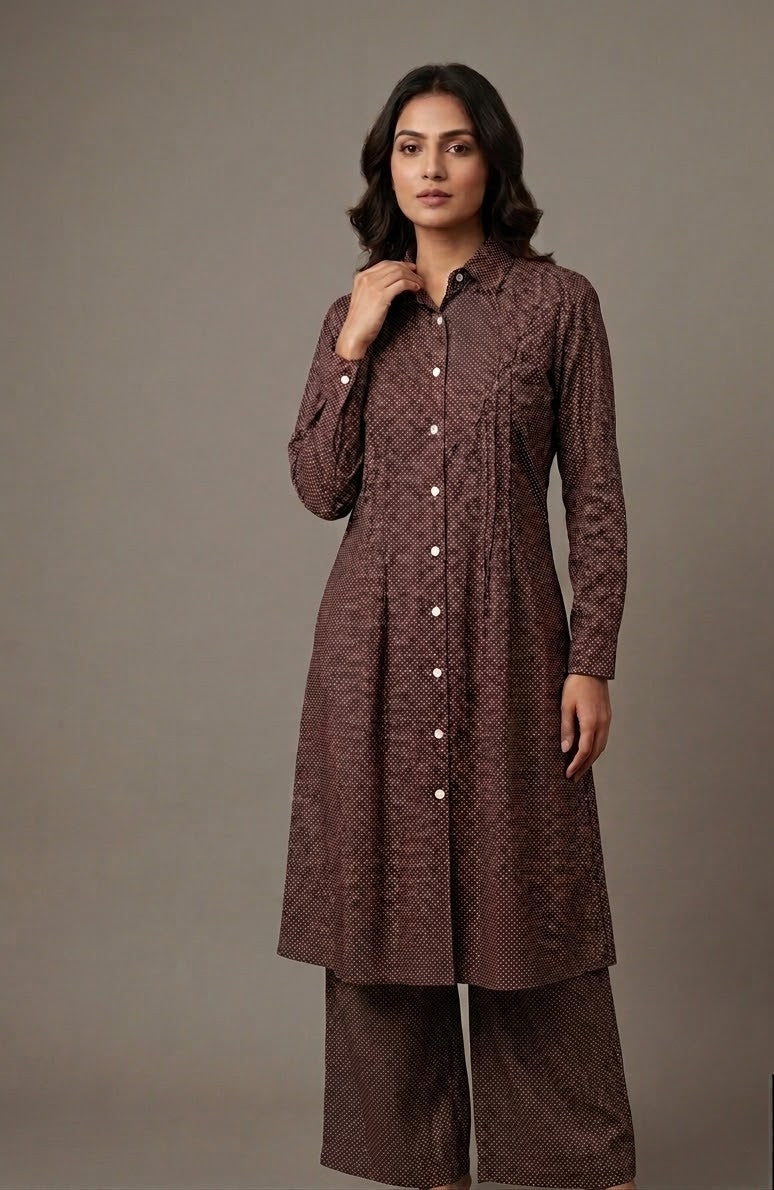Brown Pin-Dot Cambric Co-ord Set Bayashma 