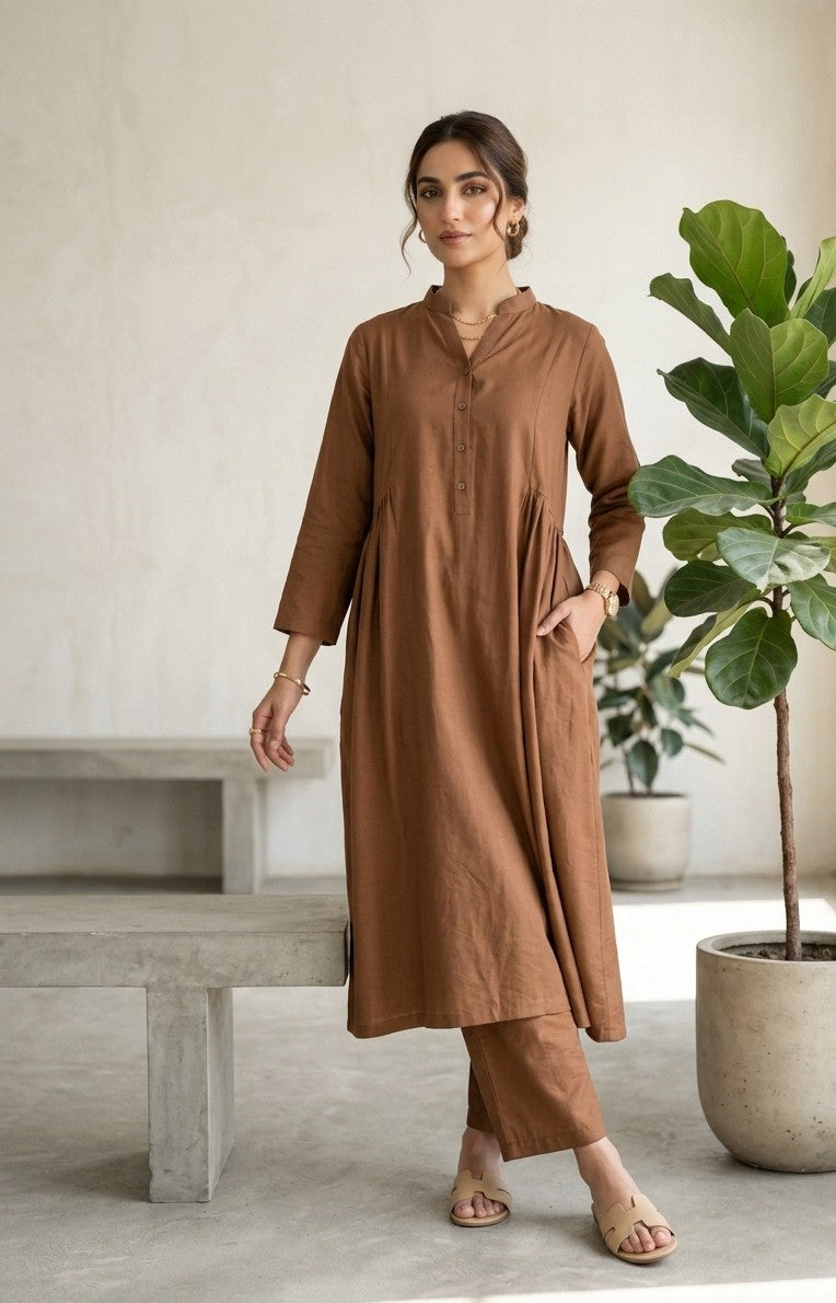 Elegant Mocha Brown Cotton 2-Piece Casual Suit Bayashma 