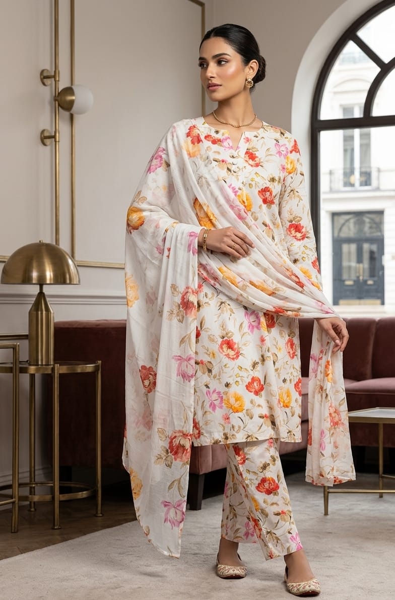 White Printed Lawn 3 Piece Bayashma 