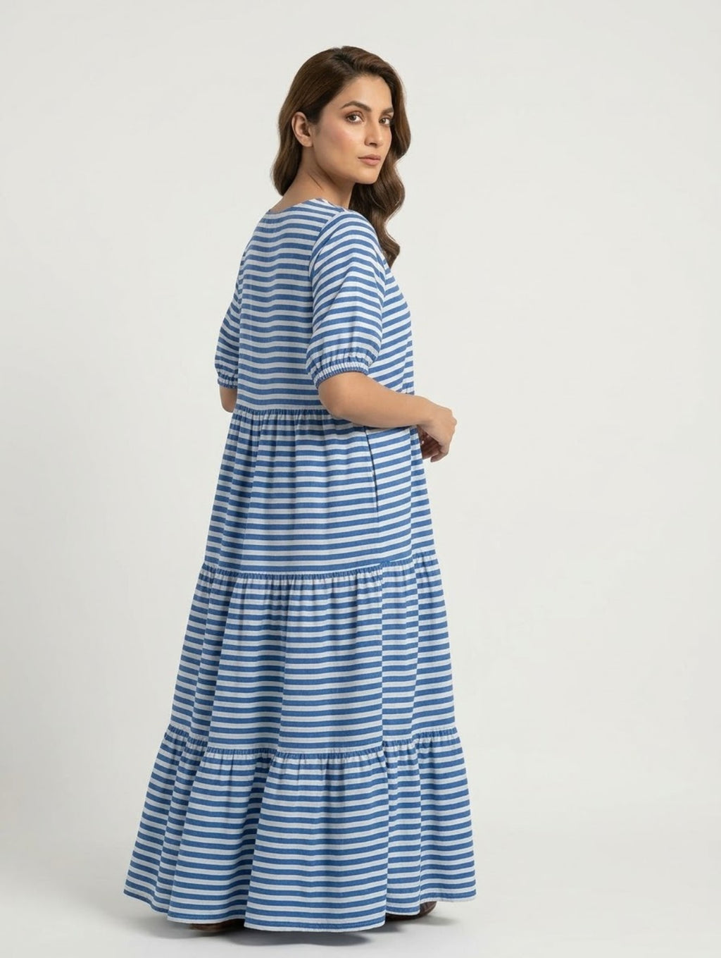 Bayashma SARMĀ blue and white striped long tiered frock — back and side view