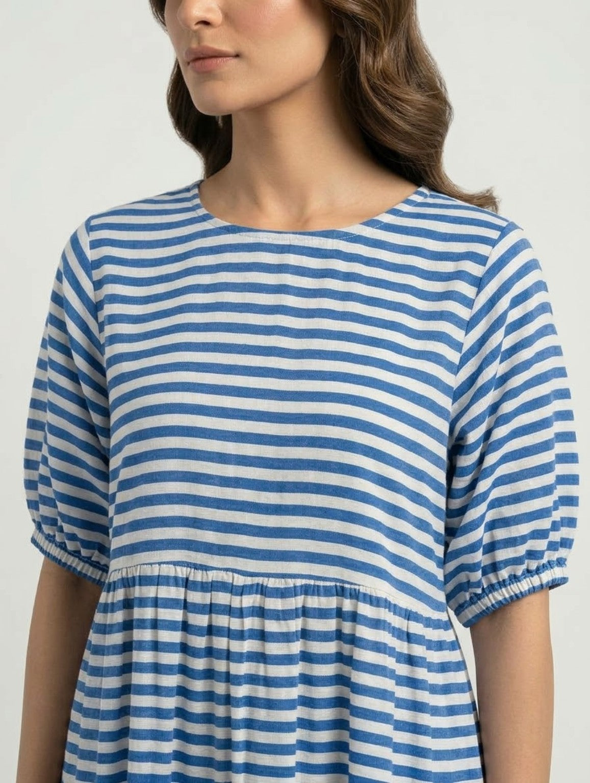 Bayashma SARMĀ blue and white striped long frock — neckline and sleeve detail