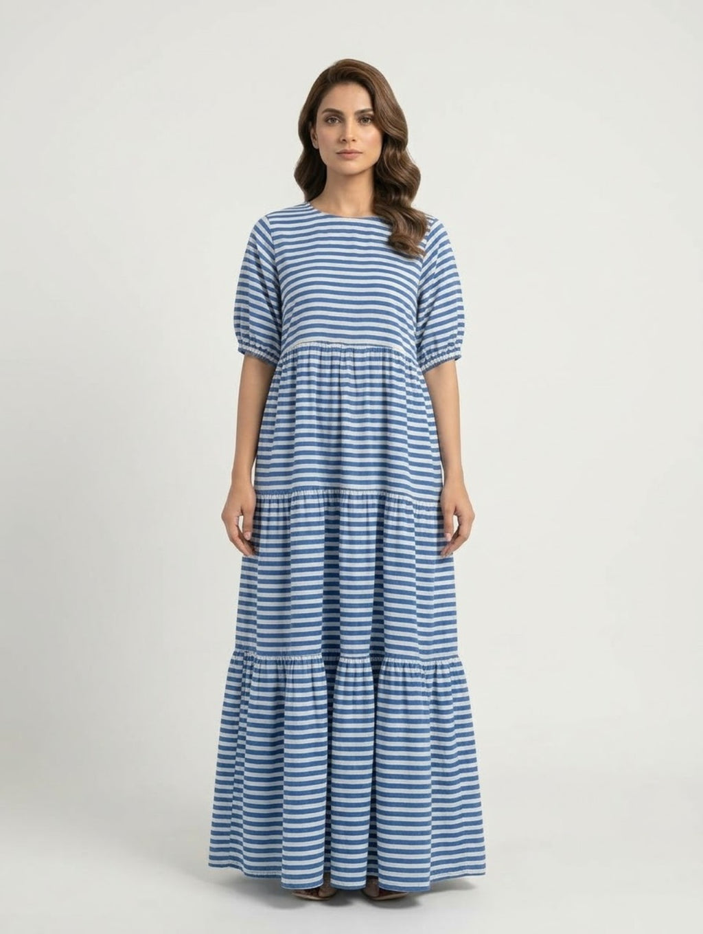 Bayashma SARMĀ blue and white striped long tiered frock — full front view