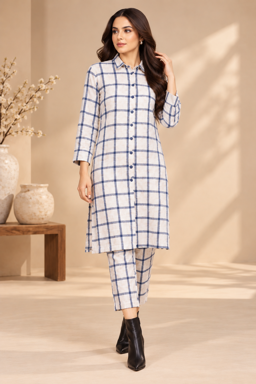 Cream & Blue Windowpane Check Co-ord Set Bayashma 