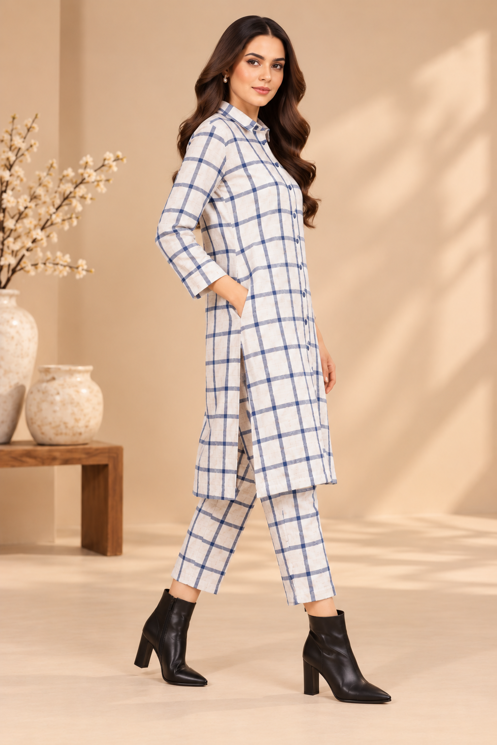 Cream & Blue Windowpane Check Co-ord Set Bayashma 