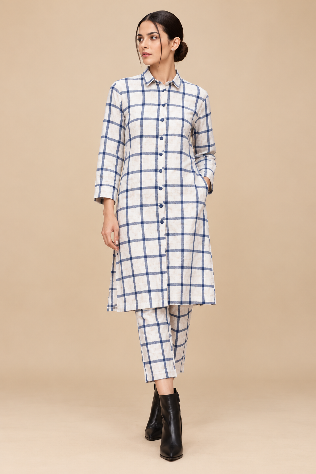 Cream & Blue Windowpane Check Co-ord Set Bayashma 