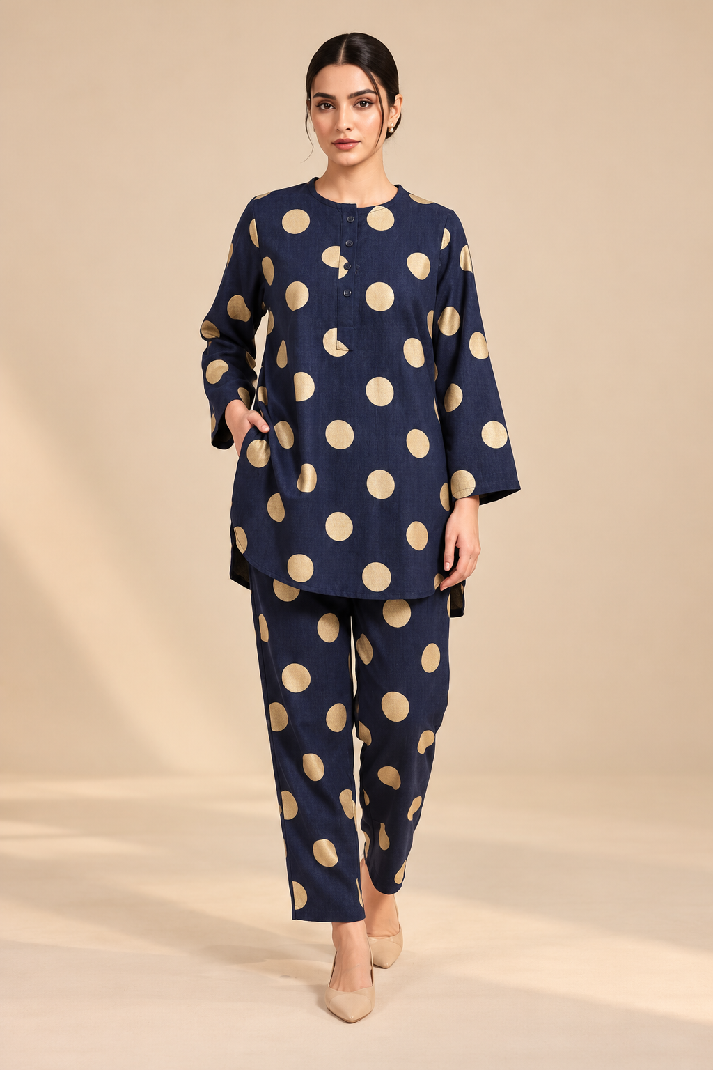 Navy & Beige Polka Dot Corduroy Co-ord Set Bayashma 