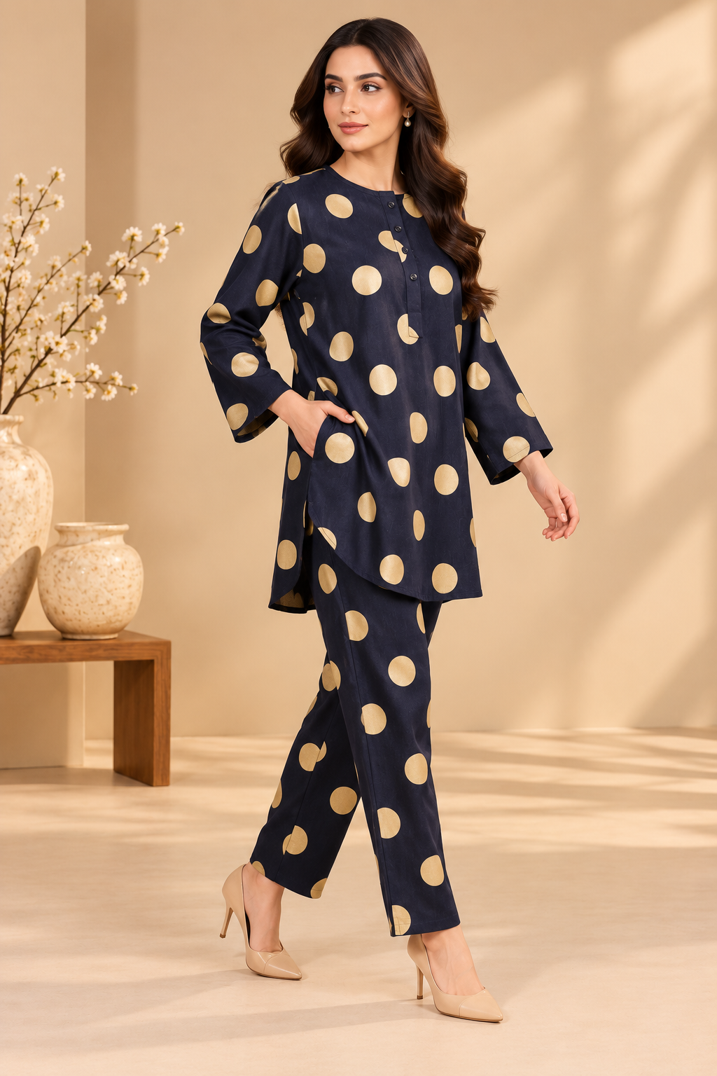 Navy & Beige Polka Dot Corduroy Co-ord Set Bayashma 