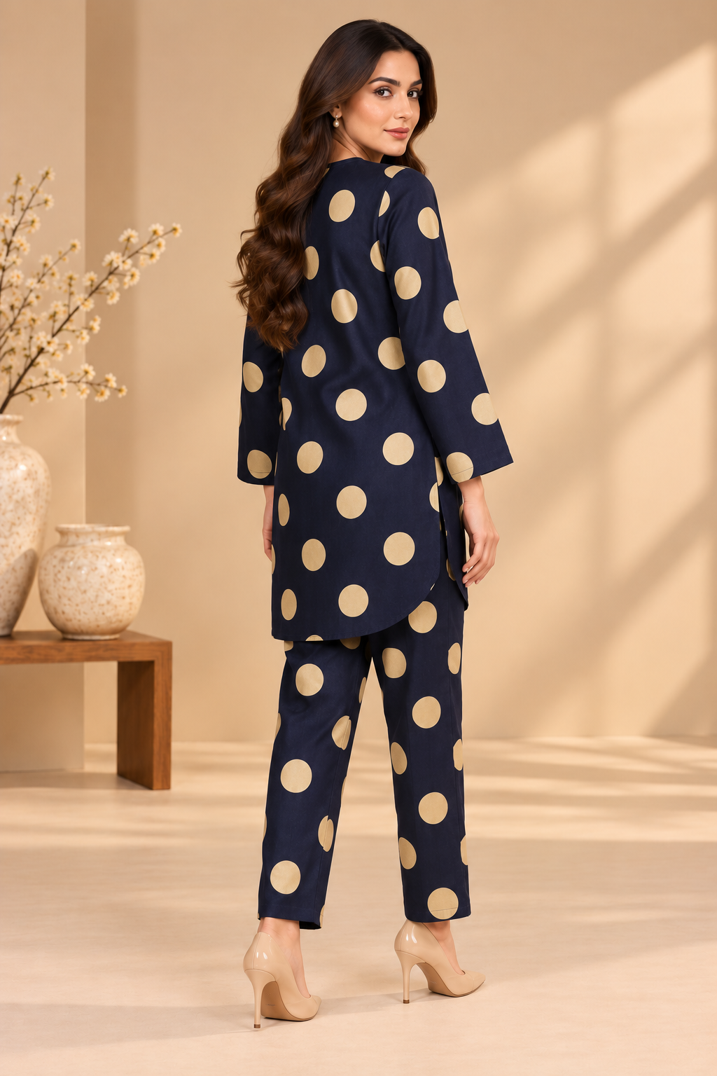 Navy & Beige Polka Dot Corduroy Co-ord Set Bayashma 
