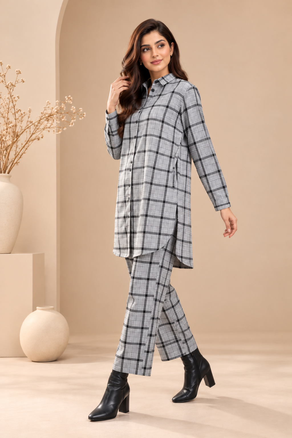 SARMĀ Grey Check Co-ord Set Bayashma 