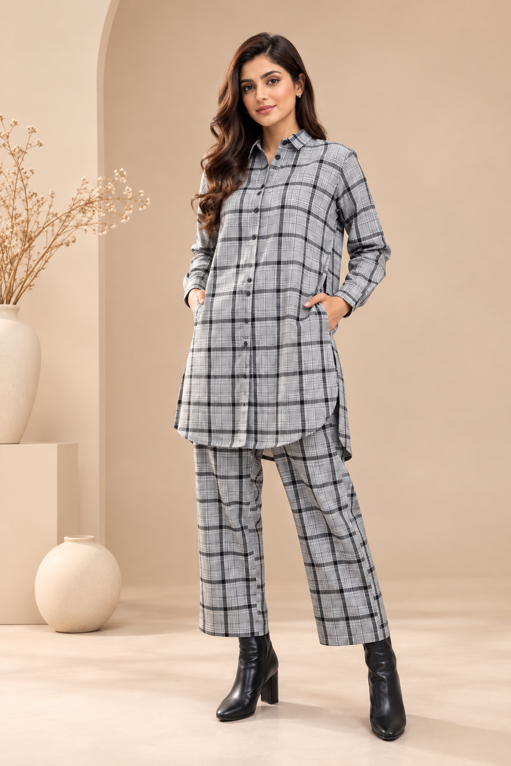 SARMĀ Grey Check Co-ord Set Bayashma 
