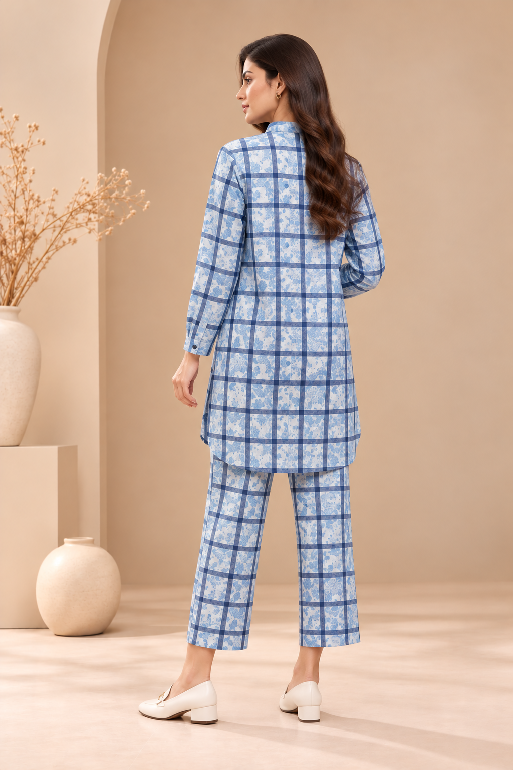 Blue Floral Windowpane Check Cotton Satin Co-ord Set Bayashma 