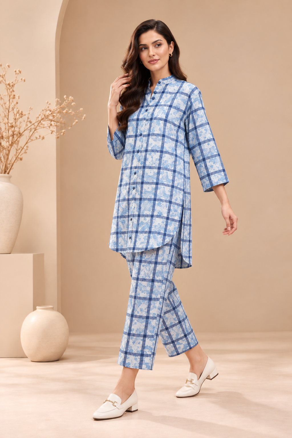 Blue Floral Windowpane Check Cotton Satin Co-ord Set Bayashma 