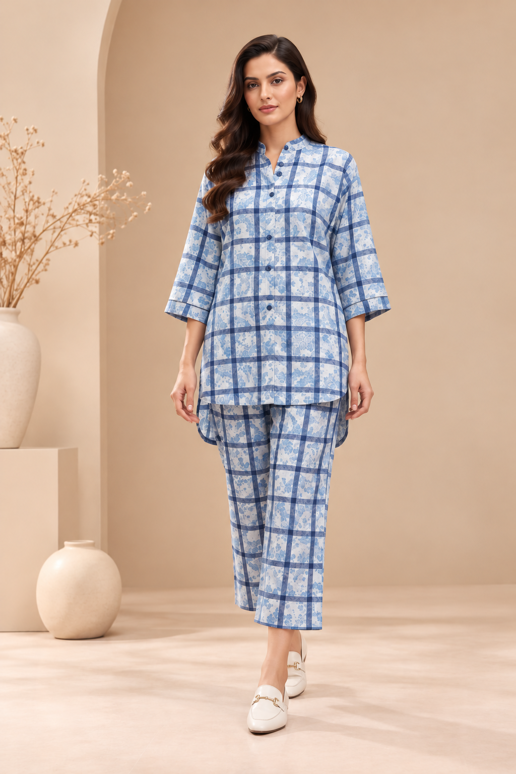 Blue Floral Windowpane Check Cotton Satin Co-ord Set Bayashma 