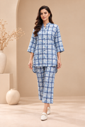 Blue Floral Windowpane Check Cotton Satin Co-ord Set Bayashma 
