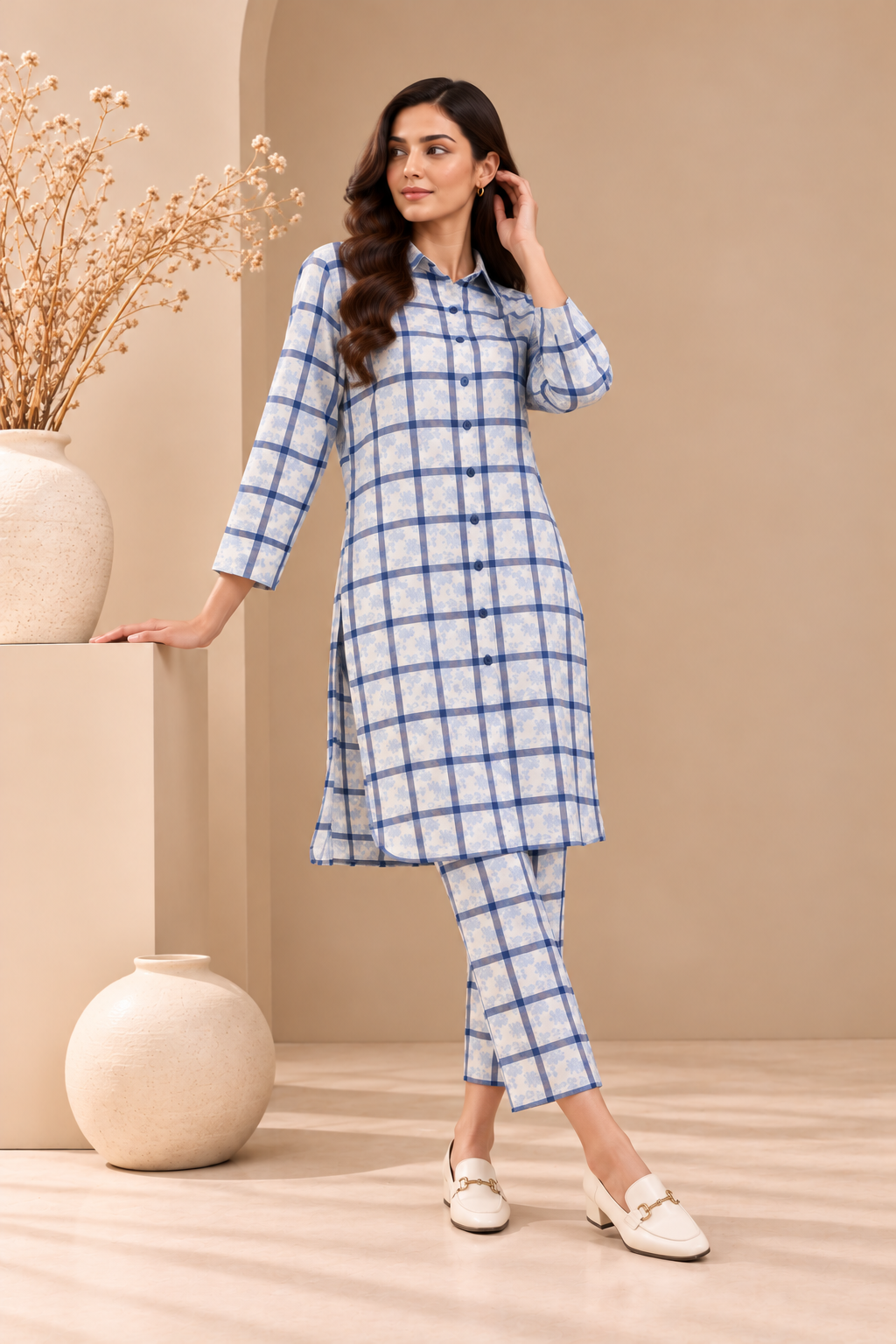 Cream & Blue Check Long Shirt Co-ord Set Bayashma 