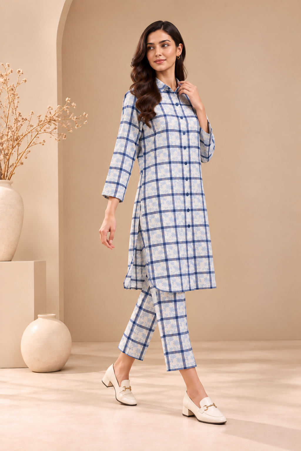 Cream & Blue Check Long Shirt Co-ord Set Bayashma 