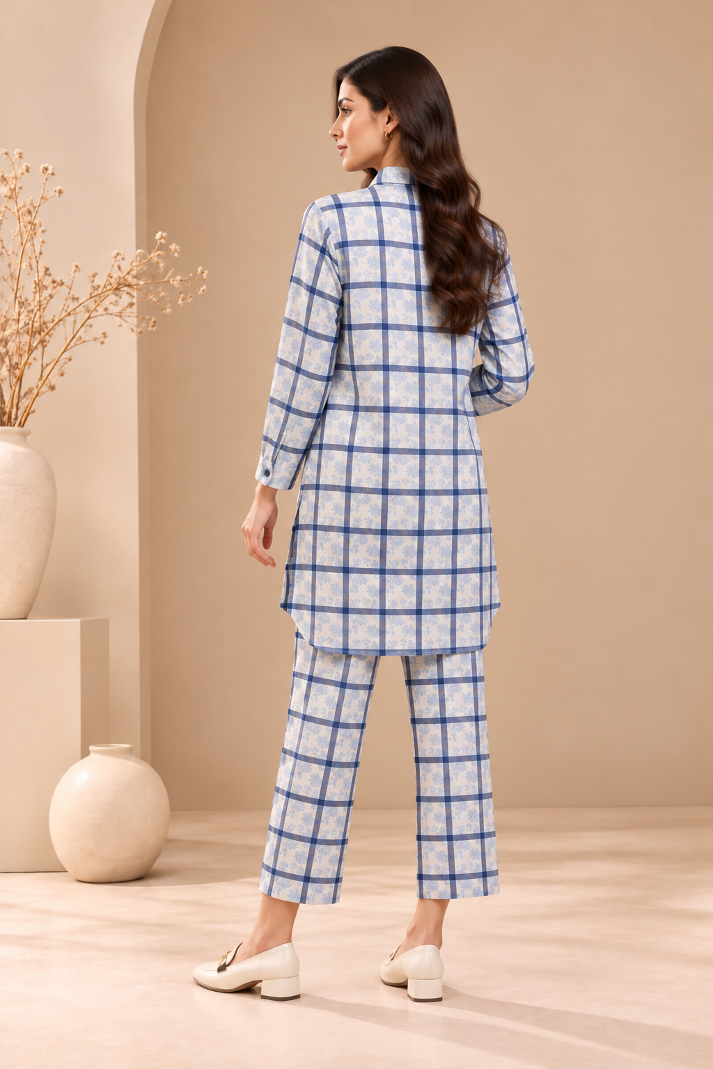 Cream & Blue Check Long Shirt Co-ord Set Bayashma 