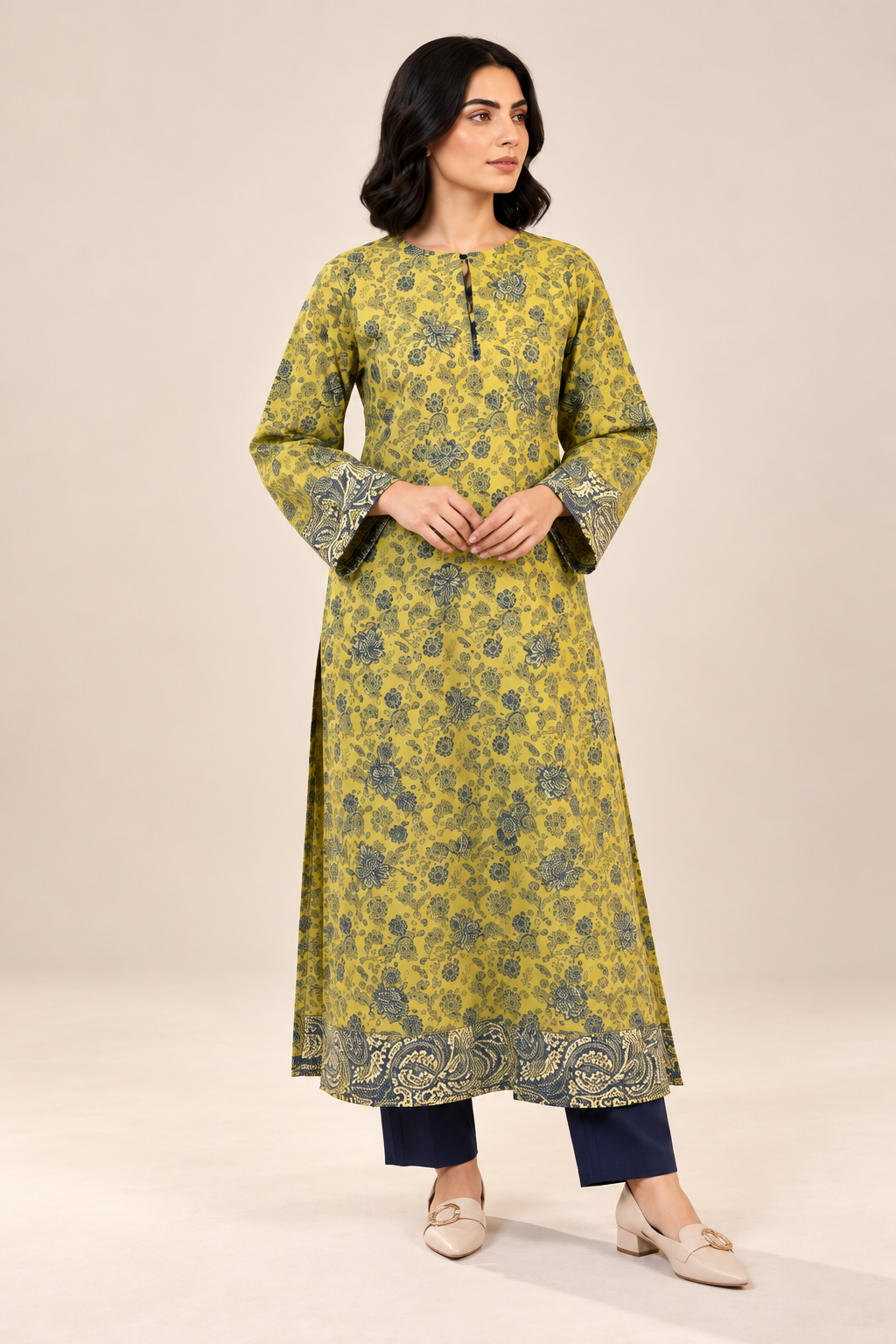Lime Green Floral Printed Long Kurta Bayashma 
