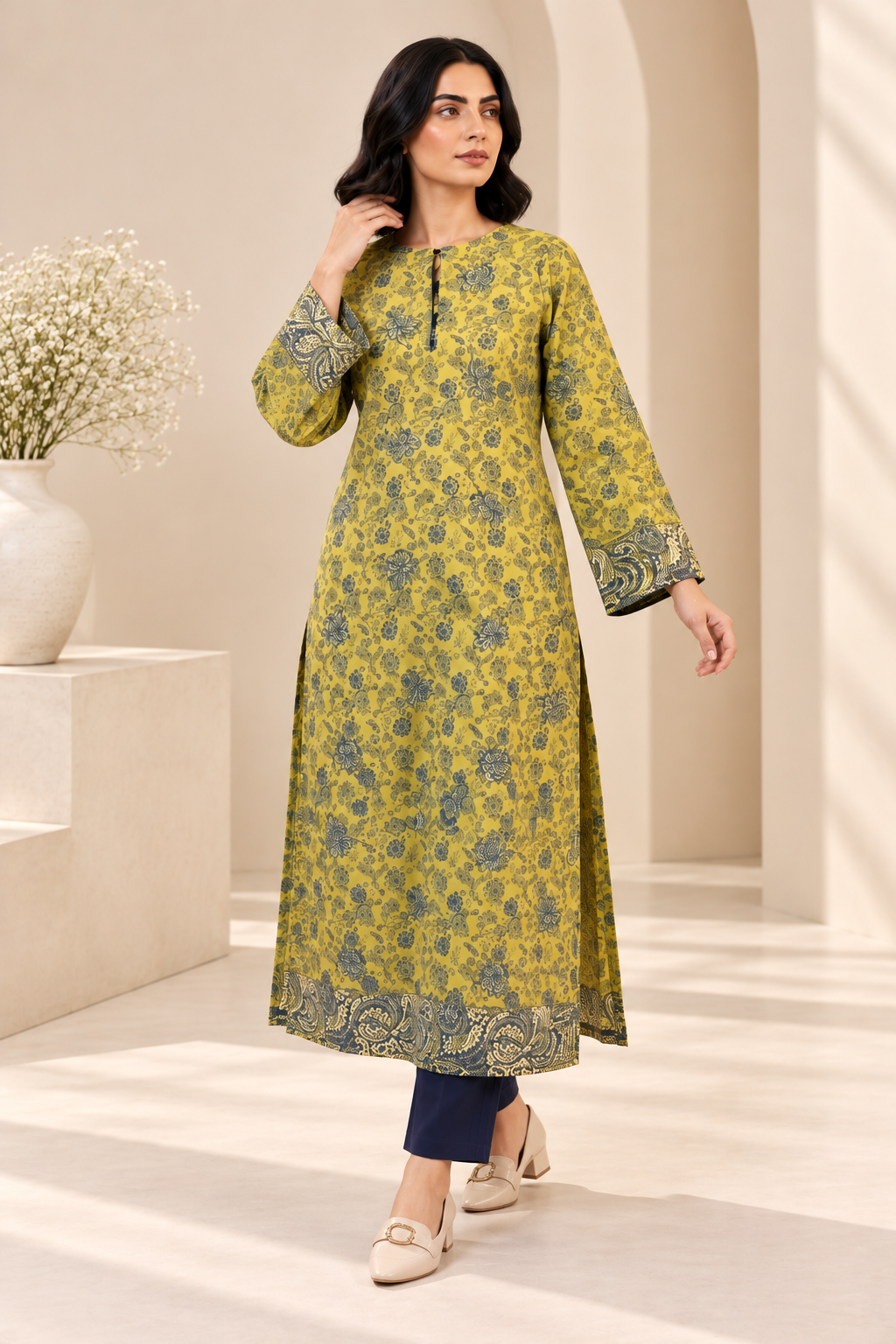 Lime Green Floral Printed Long Kurta Bayashma 