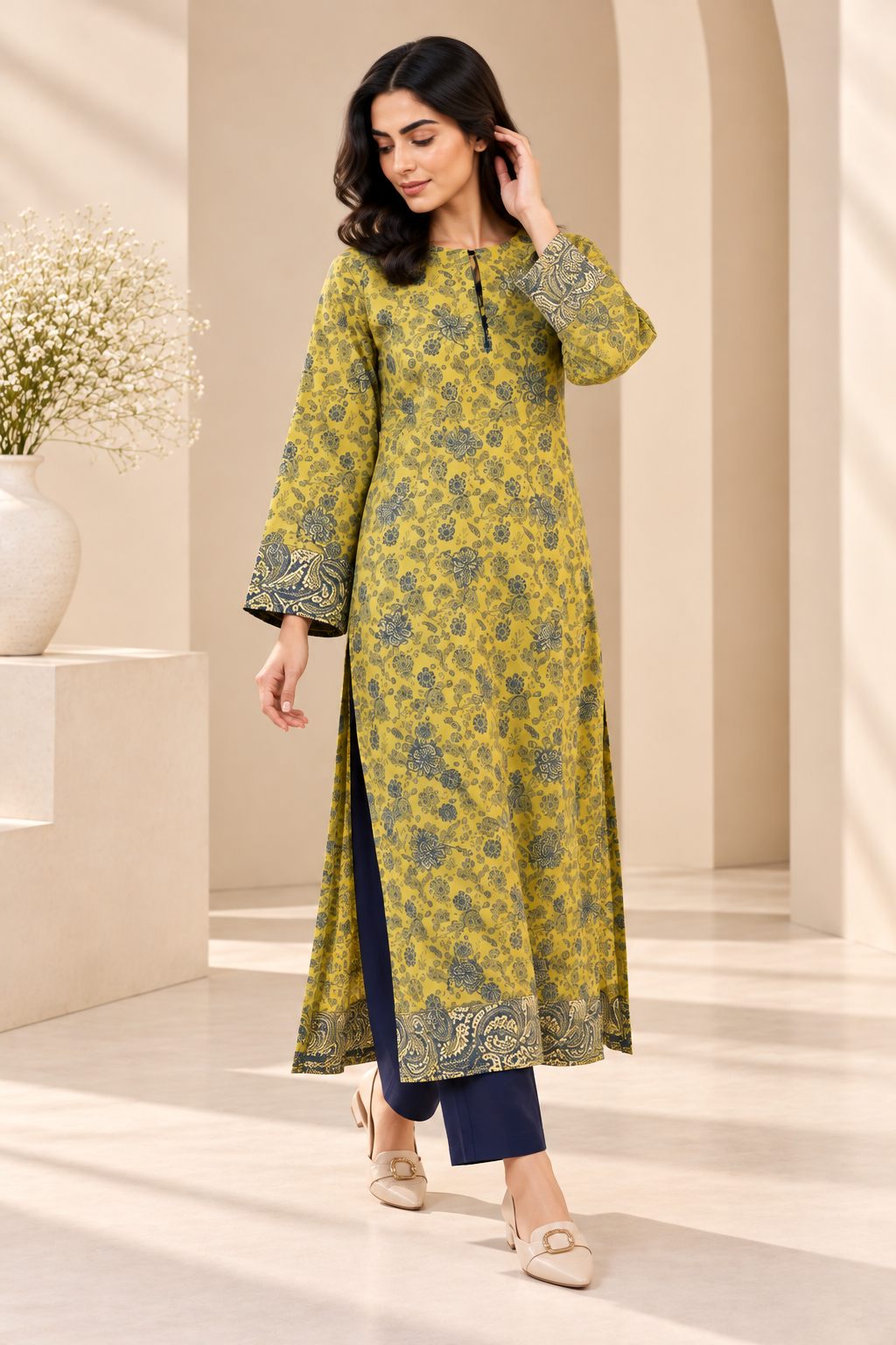 Lime Green Floral Printed Long Kurta Bayashma 