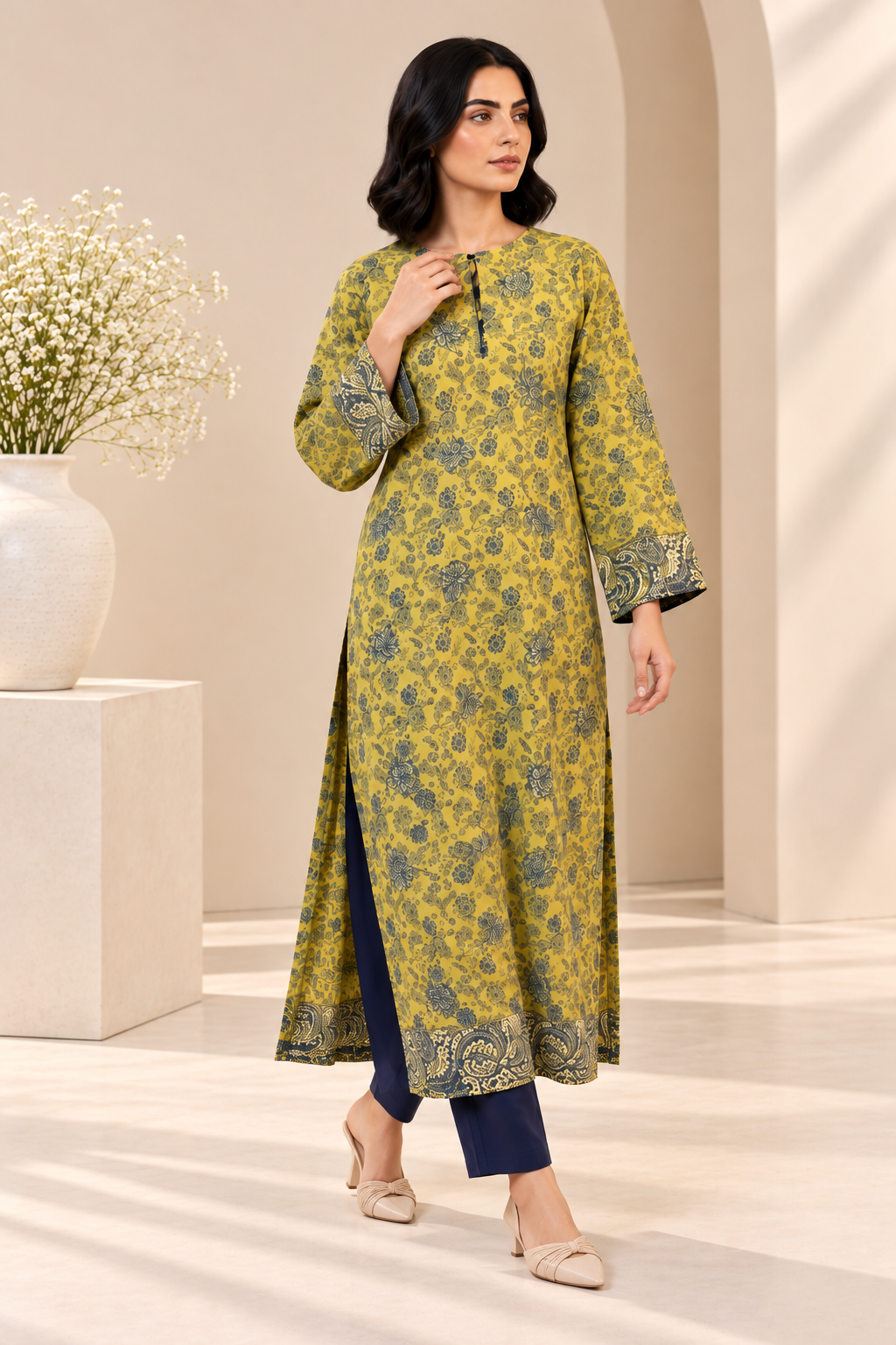 Lime Green Floral Printed Long Kurta Bayashma 