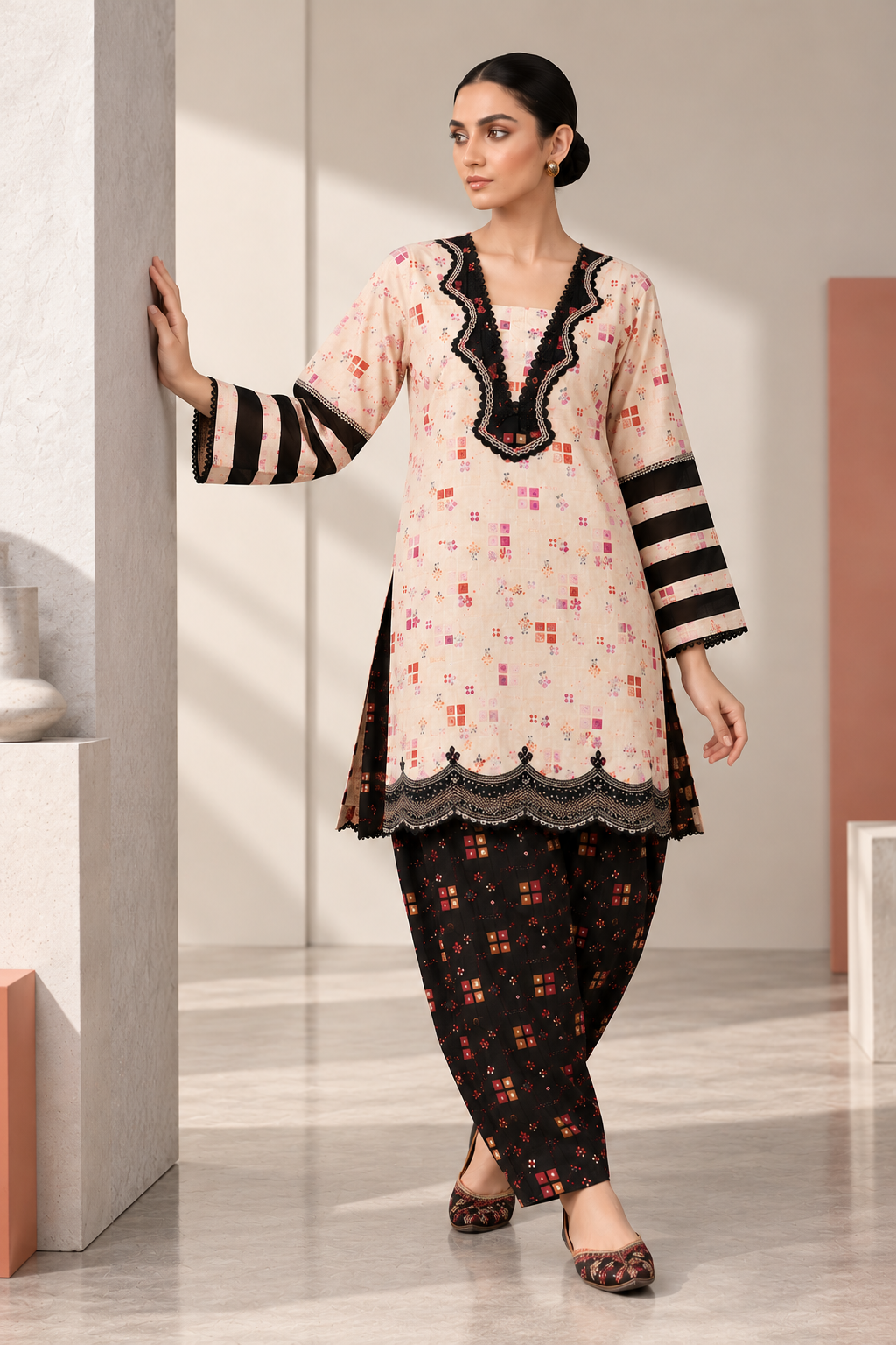 Blush & Black Printed 2-Piece Suit Bayashma 