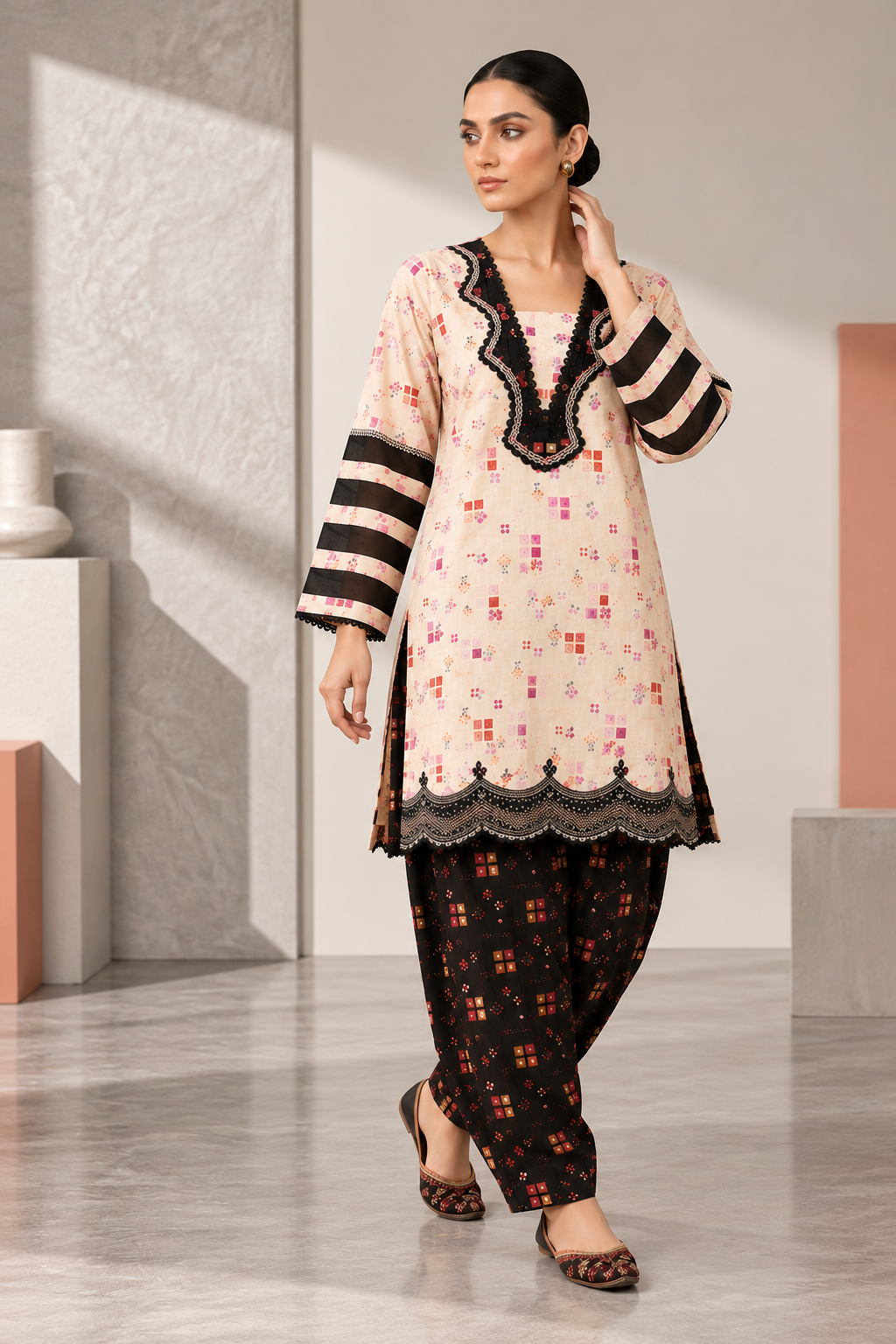 Blush & Black Printed 2-Piece Suit Bayashma 