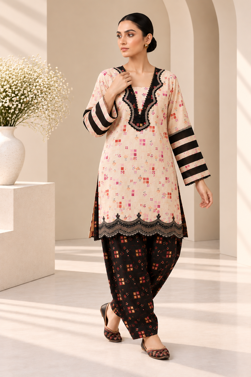 Blush & Black Printed 2-Piece Suit Bayashma 