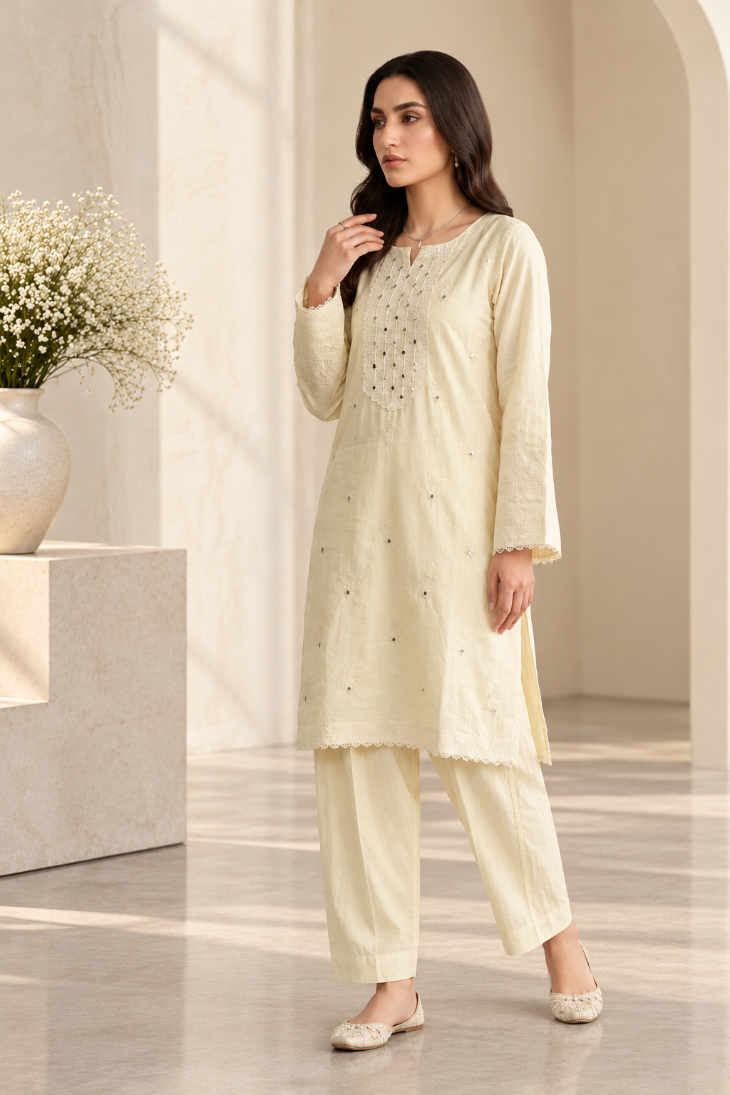Cream Lace-Trim 2-Piece Suit Bayashma 