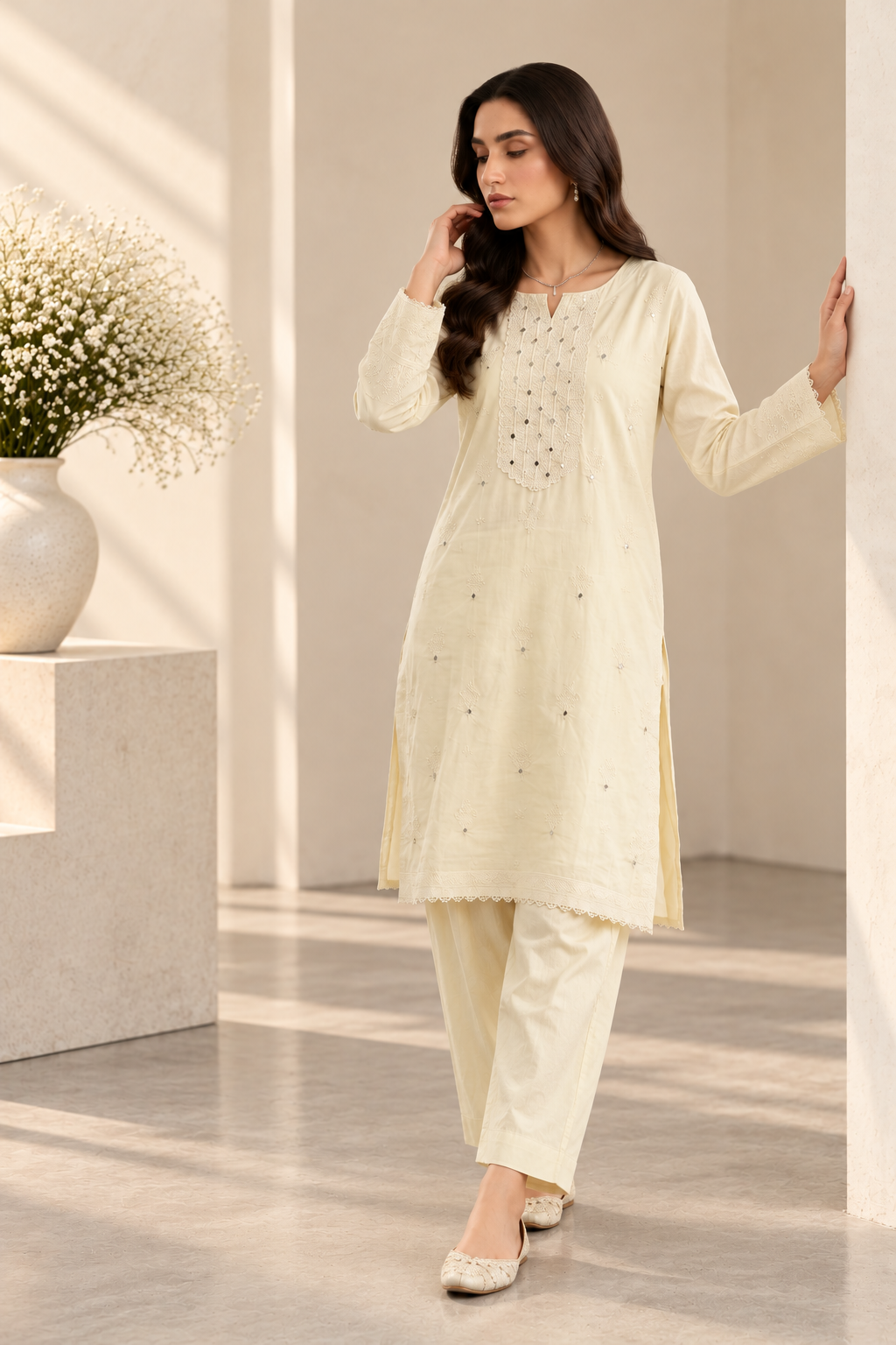 Cream Lace-Trim 2-Piece Suit Bayashma 