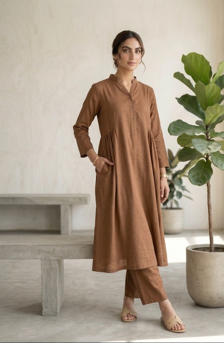 Elegant Mocha Brown Cotton 2-Piece Casual Suit Bayashma 