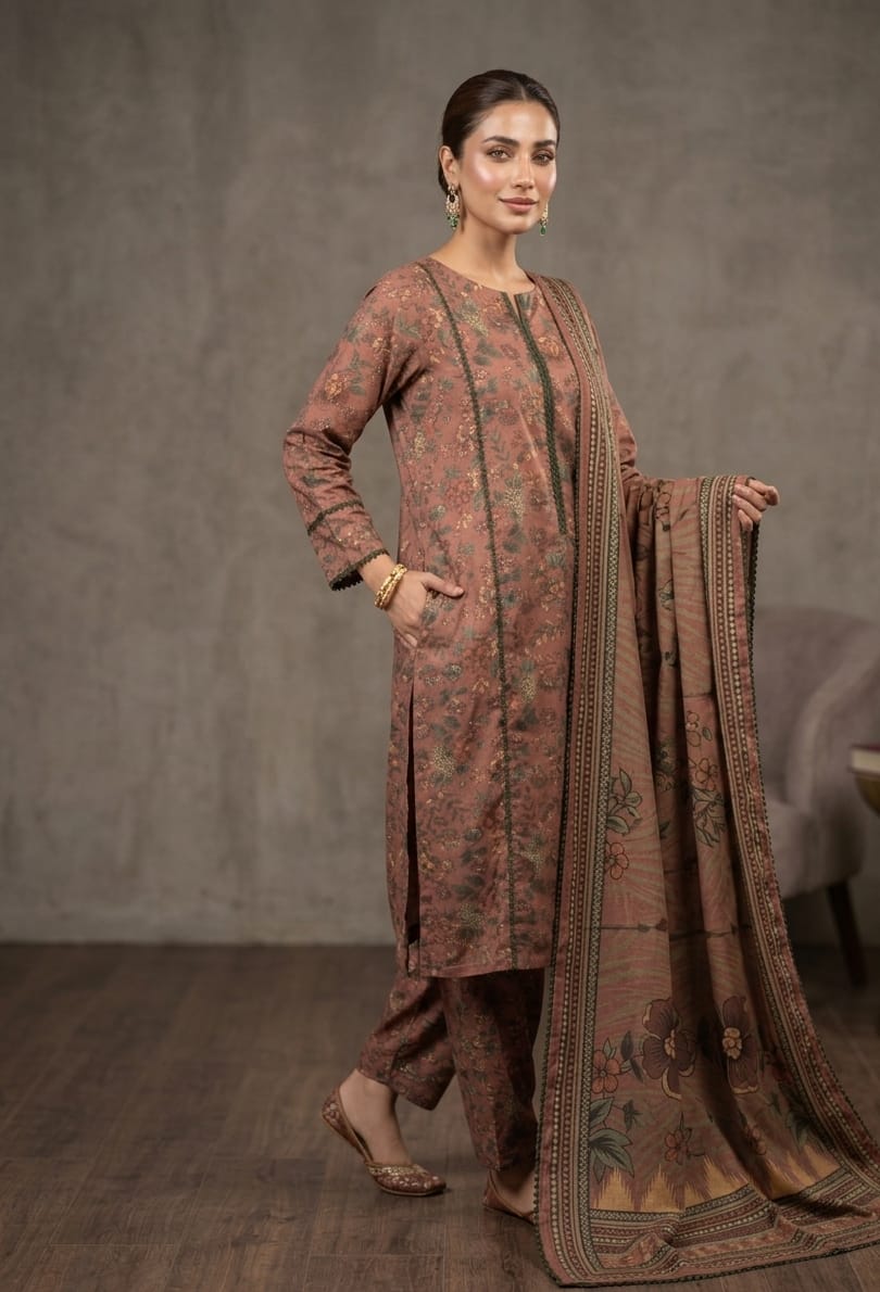 Brown Printed Lawn 3 Piece Bayashma 